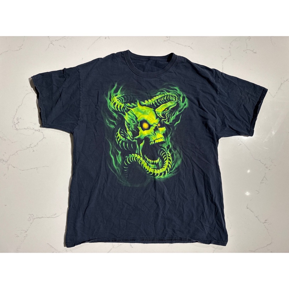 Y2K Vintage Graphic T-Shirt Neon Green Flaming Skull Snake